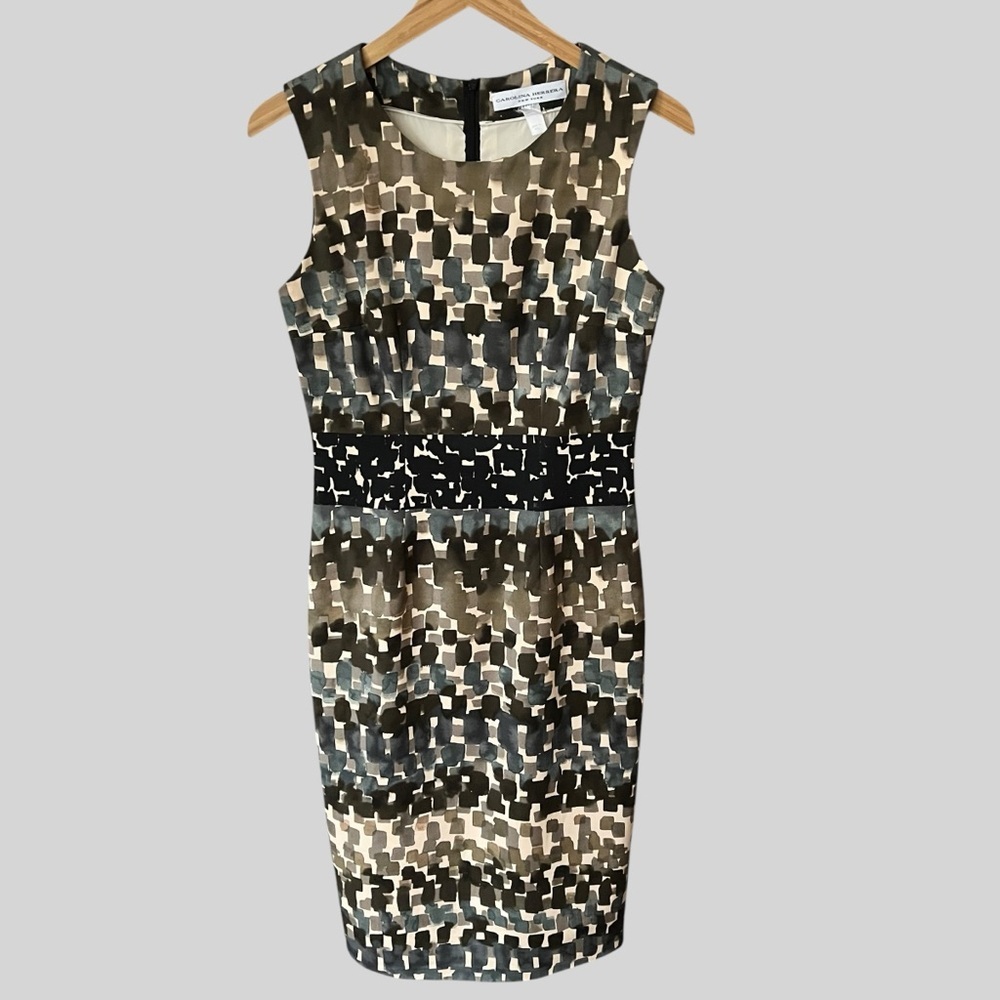Carolina Herrera Brown/Olive Multicolored Geometric Sleeveless Dress,